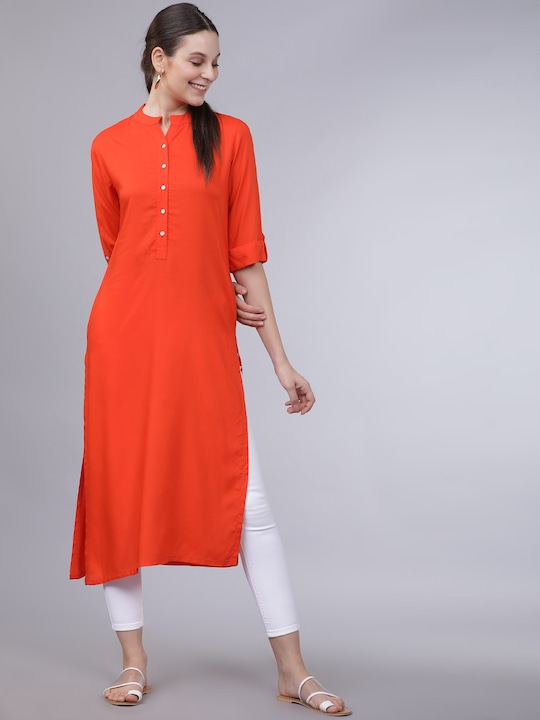 Vishudh - Women Orange Solid Straight Kurta