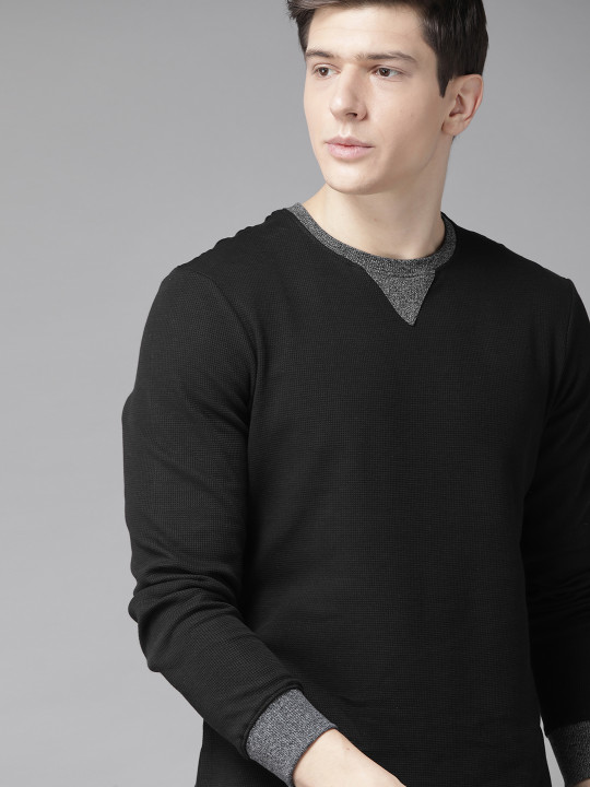 Roadster - Men Black Self-Design Round Neck Pure Cotton T-shirt