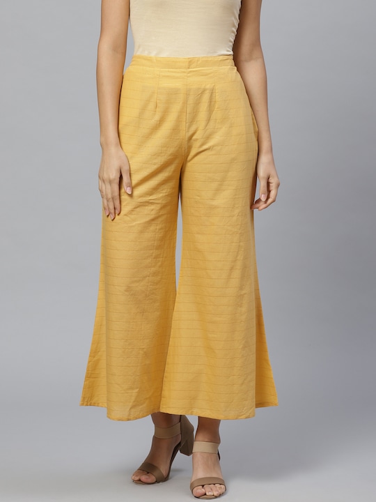 Libas - Women Yellow & Golden Striped Wide Leg Palazzos