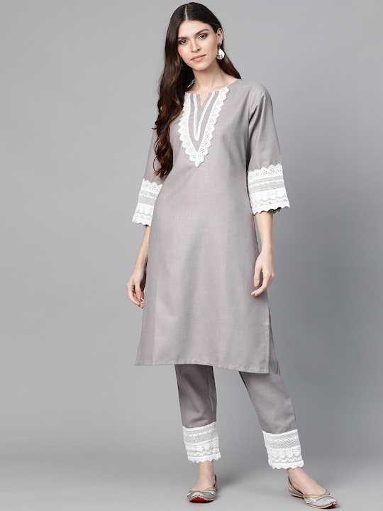 Bhama Couture - Women Grey Solid Kurta & Trousers With Lace Insert Detail