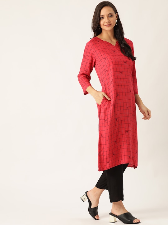 Sangria - Women Red & Black Checked Straight Kurta