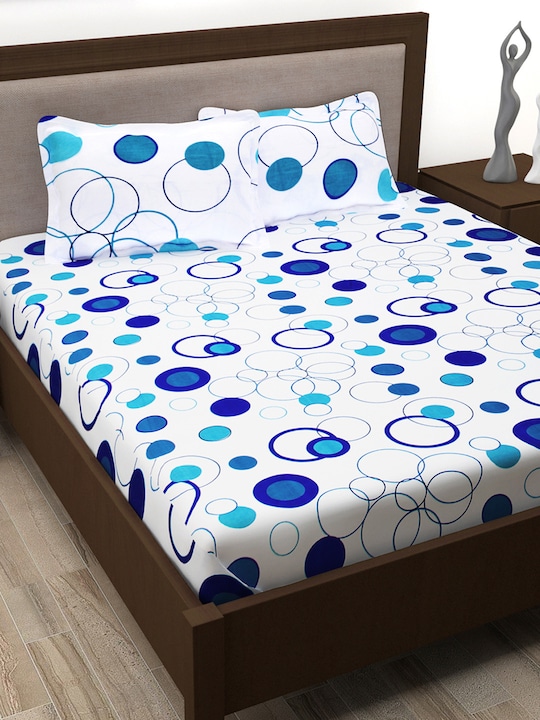 Story@home - White & Blue Geometric 186 TC Cotton 1 Queen Bedsheet with 2 Pillow Covers