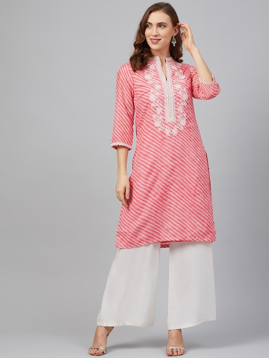 Biba - Women Pink & White Striped Straight Kurta