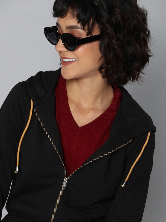 HERE&NOW - Women Black Solid Hooded Sweatshirt