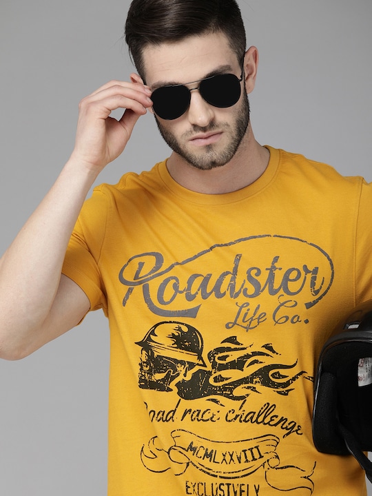 Roadster - Mustard Yellow Printed Cotton Pure Cotton T-shirt