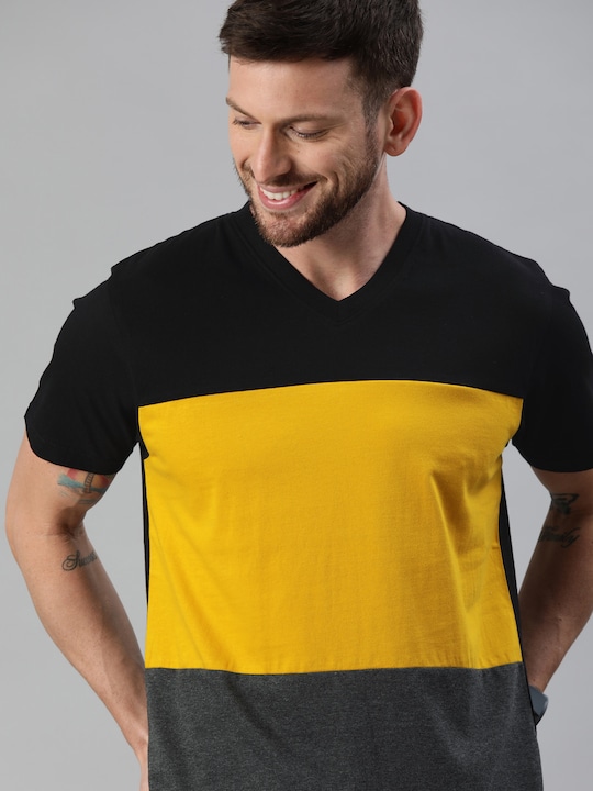 HERE&NOW - HERENOW Men Charcoal Grey   Mustard Yellow Colourblocked V-Neck Pure Cotton T-shirt
