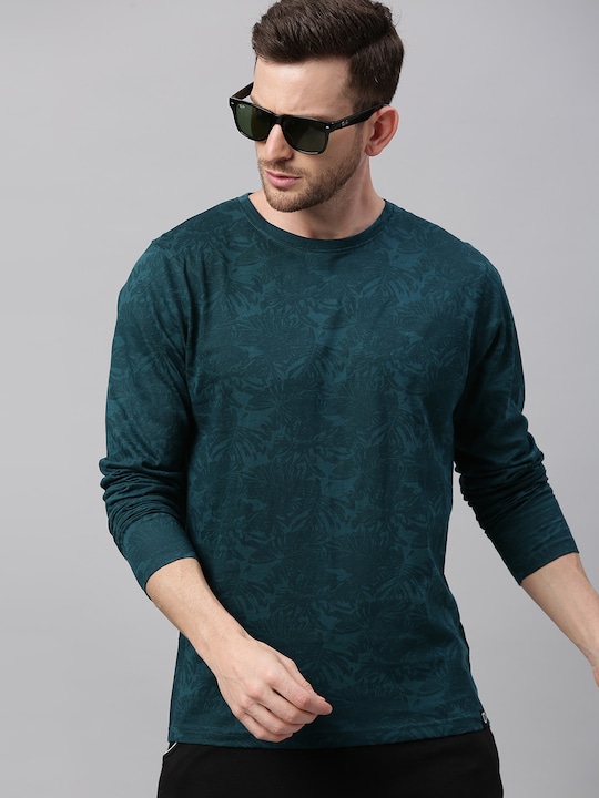 Urbano Fashion - Men Teal Green Slim Fit Tropical Printed Pure Cotton T-shirt