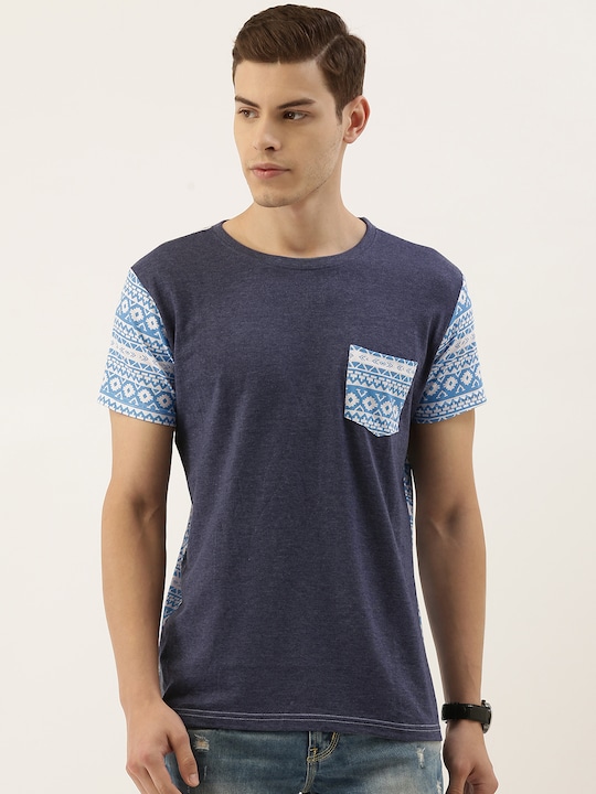 American Crew - Men Navy Blue Back Printed Round Neck T-shirt with Contrast Pocket