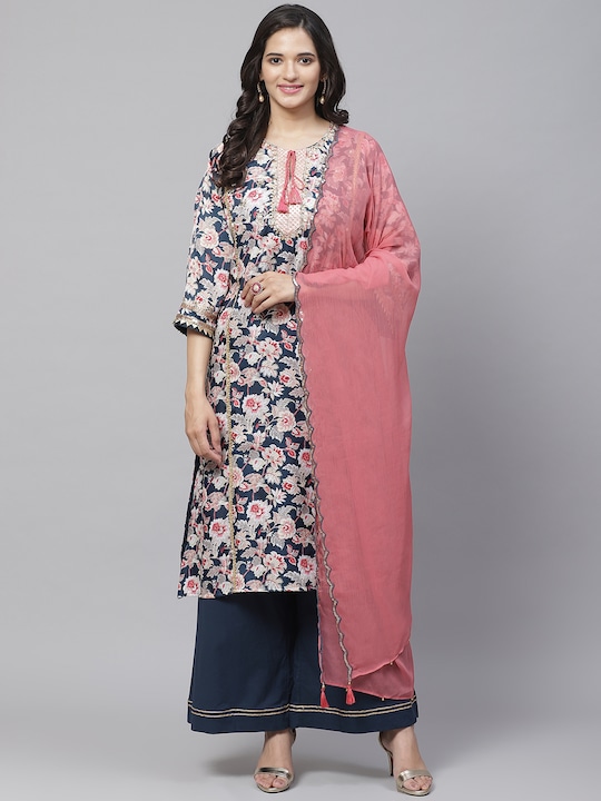 Biba - Women Teal Blue & Beige Floral Printed Kurta with Palazzos & Dupatta