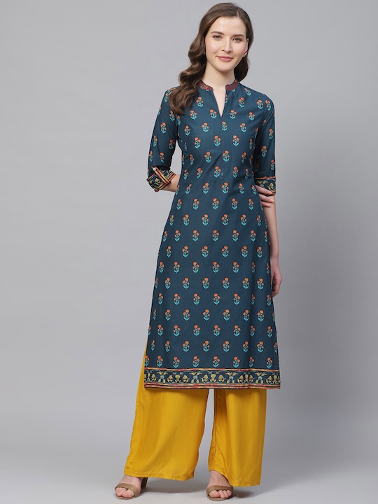 Biba - Women Navy Blue & Orange Printed Straight Kurta