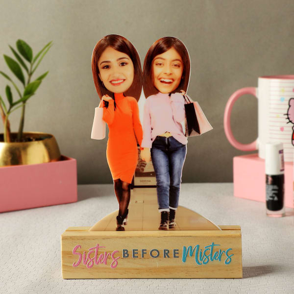 Personalized Shopaholic Caricature with Wooden Stand - Personalized Shopaholic Caricature with Wooden Stand