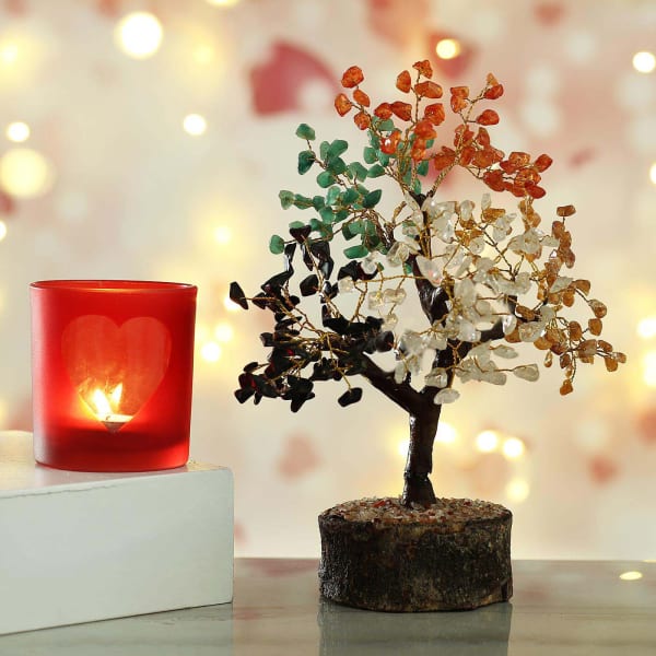 Red Glass Heart Design Tea Light Holder with Colorful Stone Tree - Red Glass Heart Design Tea Light Holder with Colorful Stone Tree