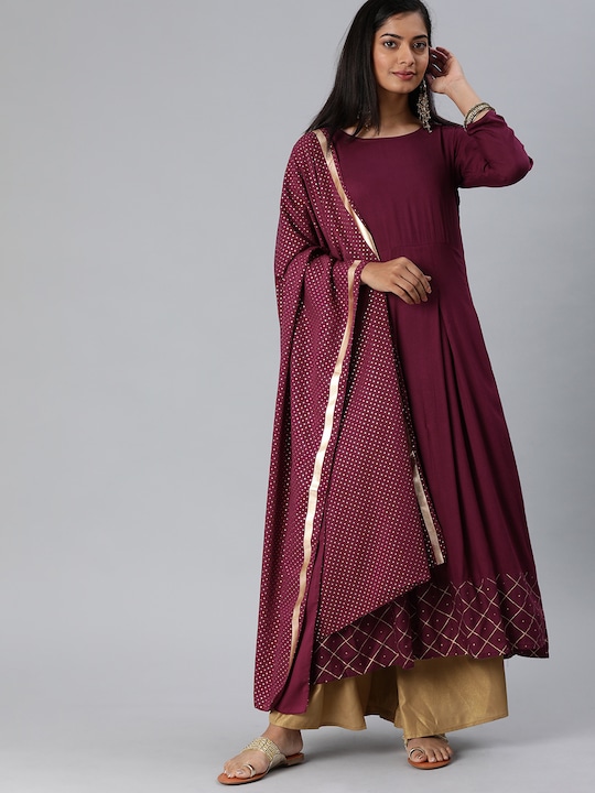 GoSriKi - Women Burgundy & Gold-Toned Solid Kurta with Palazzos & Dupatta