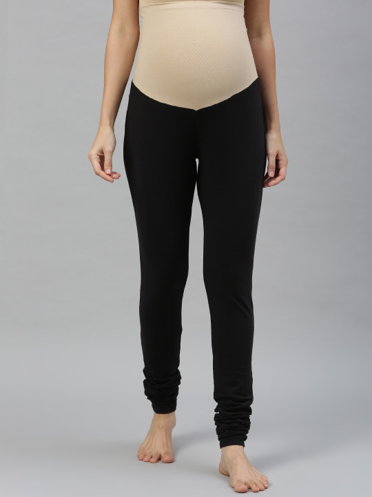 Nejo - Women Black Solid Maternity Churidar With Bamboo Cotton Super Stretch Belly Band