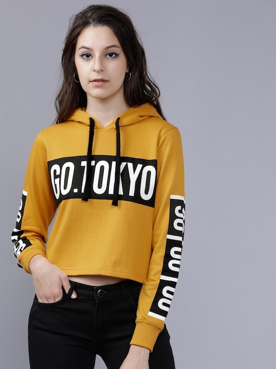 Tokyo Talkies - Women Yellow Printed Hooded Sweatshirt