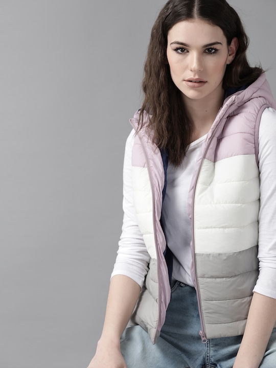 Roadster - Women Pink & White Colourblocked Hooded Puffer Jacket