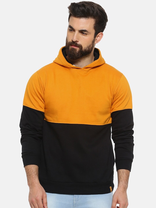 Campus Sutra - Men Mustard Yellow & Black Colourblocked Hooded Sweatshirt