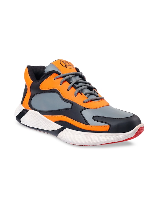 mr.wonker - Men Orange & Grey Colourblocked Synthetic Mid-Top Sneakers