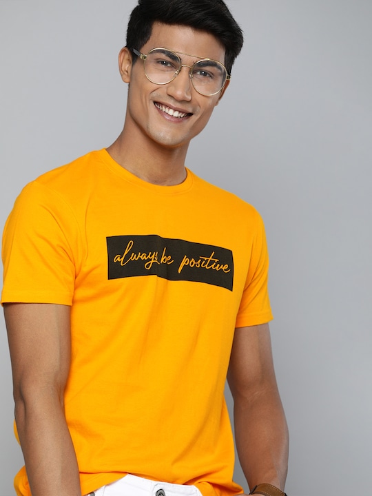 HERE&NOW - Men Mustard Yellow Printed Round Neck T-shirt