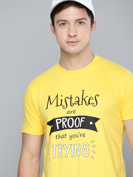 HERE&NOW - HERENOW Men Yellow Printed Round Neck Pure Cotton T-shirt