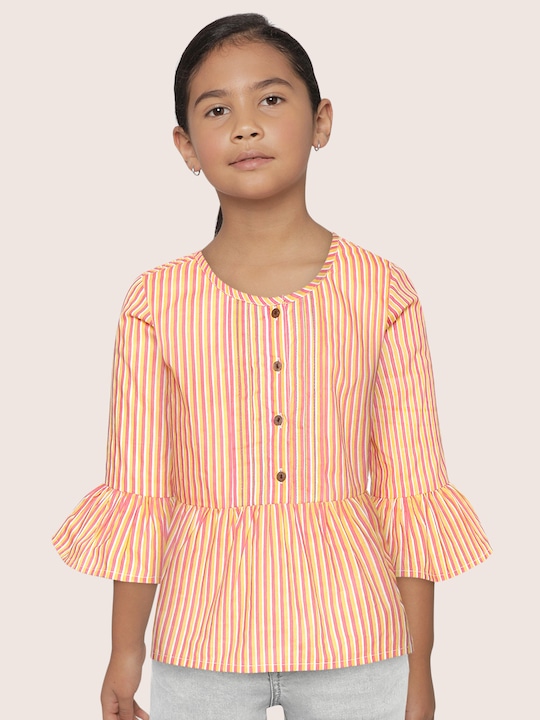 Sangria - Girls Peach-Coloured & Yellow Striped A-Line Top