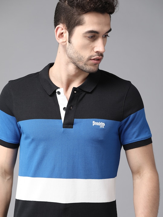 Roadster - Men Blue & Black Pure Cotton Colourblocked Polo Collar T-shirt