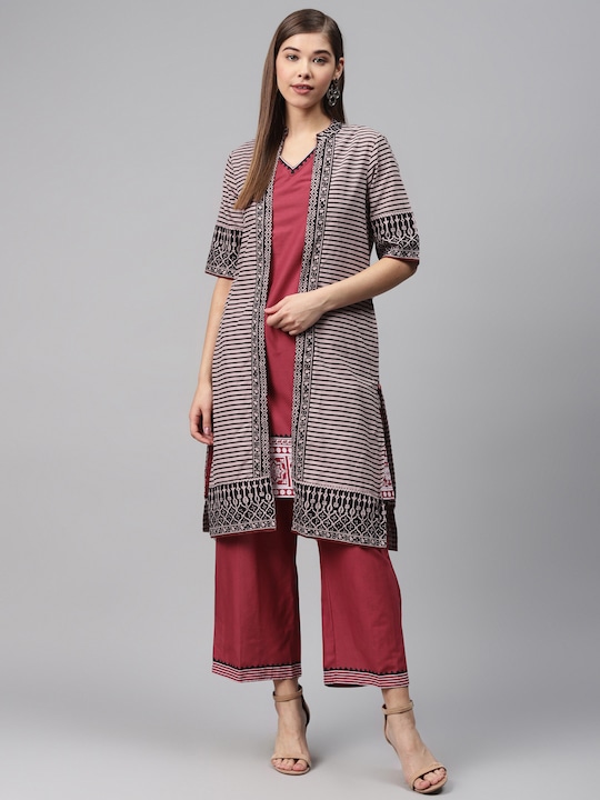 Biba - Women Rust Red & Mauve Solid Kurta with Palazzos & Ethnic Jacket