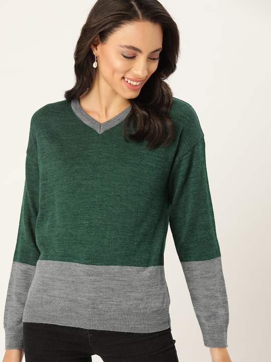 DressBerry - Women Green & Grey Melange Colourblocked Acrylic Pullover Sweater
