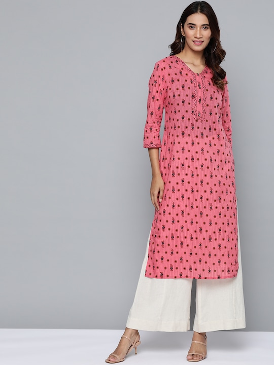 HERE&NOW - Women Coral Pink & Brown Printed Straight Kurta
