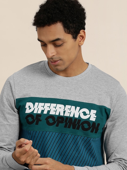 Difference of Opinion - Men Teal Blue  Grey Melange Pure Cotton Striped Round Neck Pure Cotton T-shirt