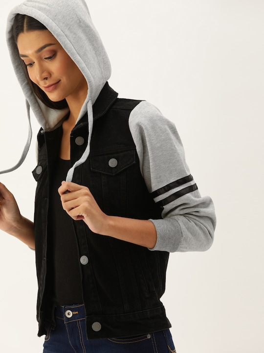 Campus Sutra - Women Black Solid Windcheater Denim Jacket