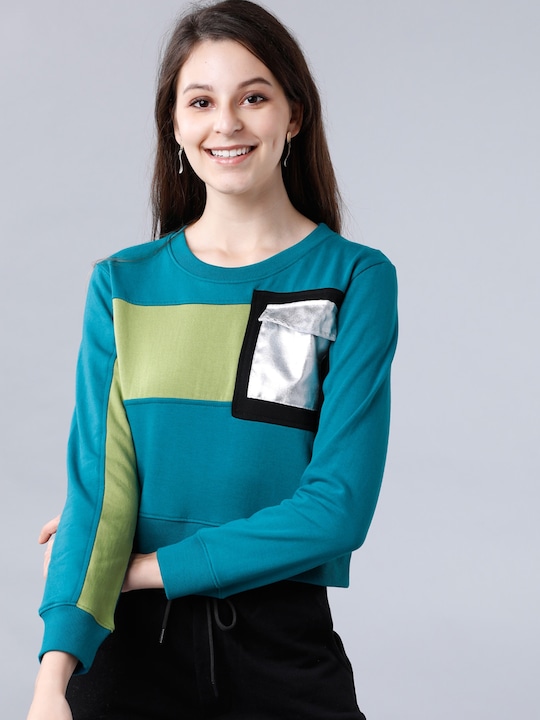 Tokyo Talkies - Women Teal Blue & Green Colourblocked Sweatshirt