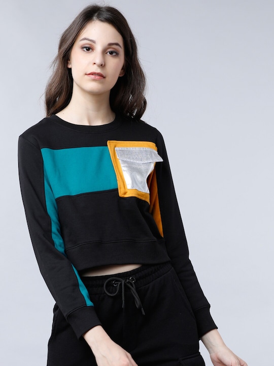 Tokyo Talkies - Women Black & Blue Colourblocked Sweatshirt