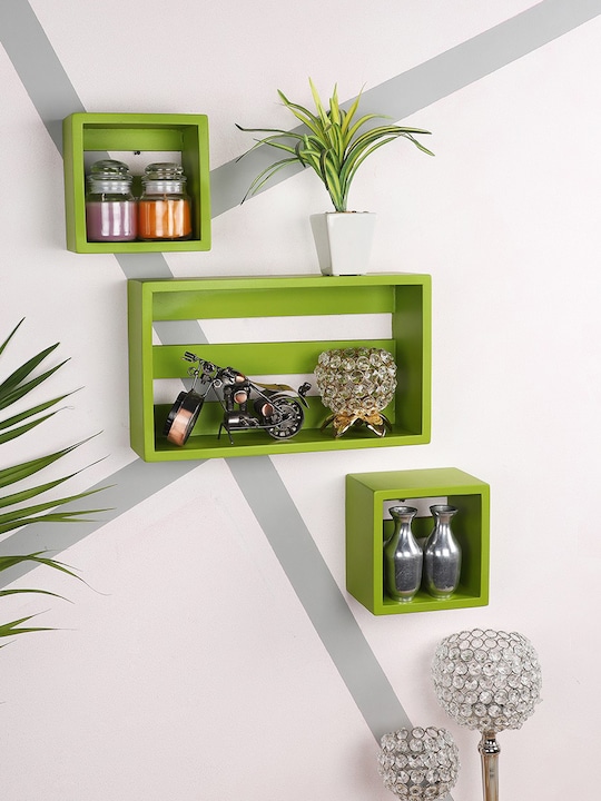 Home Sparkle - Set Of 3 Green MDF Handmade Basic Wall Shelves