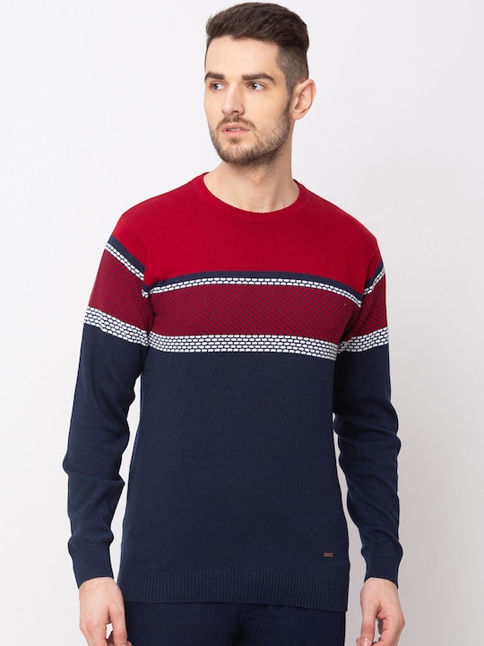 Globus - Men Navy Blue & Red Colourblocked Pullover Sweater