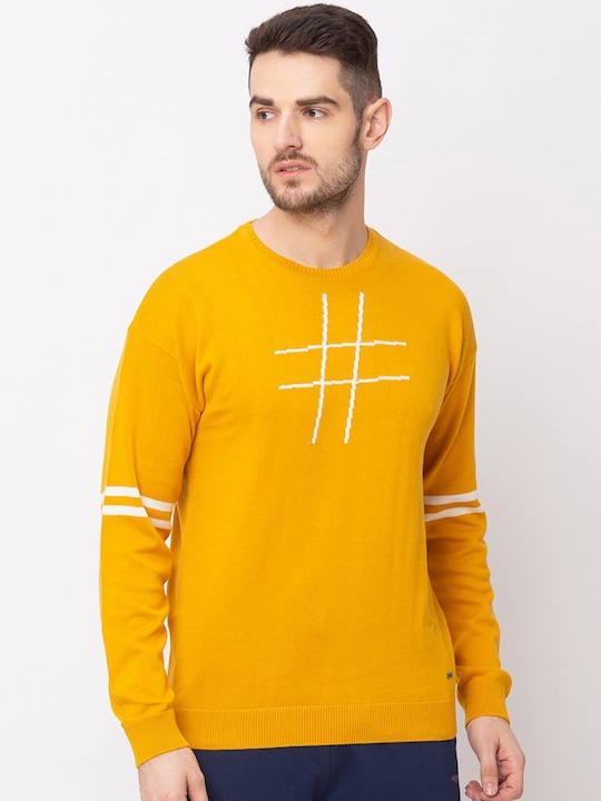 Globus - Men Mustard Yellow & White Printed Pullover Sweater