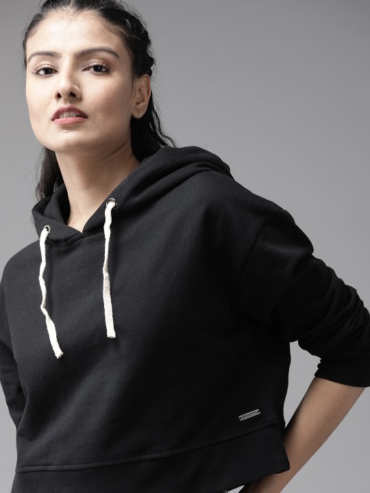 Roadster - The Lifestyle Co Women Black Solid Hooded Boxy Cropped Sweatshirt