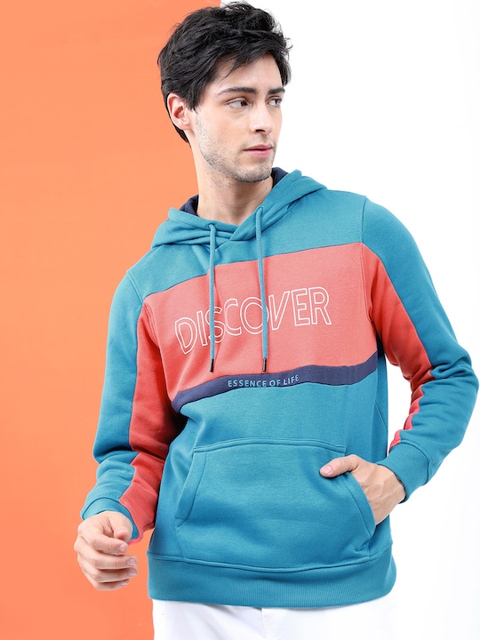 HIGHLANDER - Men Teal & Orange Colourblocked Hooded Sweatshirt