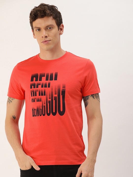 Being Human - Clothing Men Coral Red Printed Round Neck T-shirt