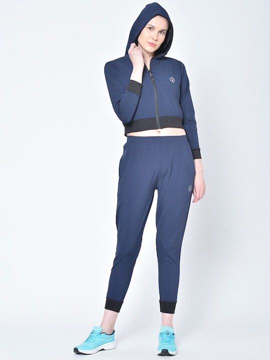 CHKOKKO - Chkokko Women Navy Blue & Black Solid Hooded Tracksuit