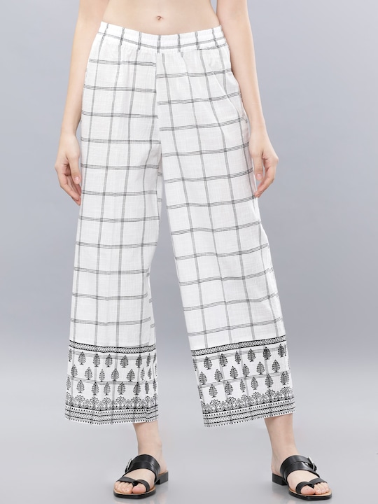 Vishudh - Women Off-White & Black Checked Wide Leg Palazzos