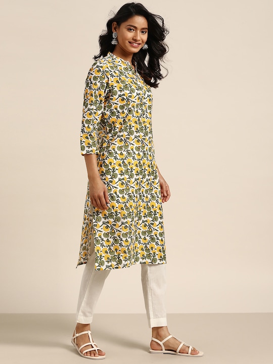 Sangria - Women White & Yellow Floral Print Pure Cotton Kurta