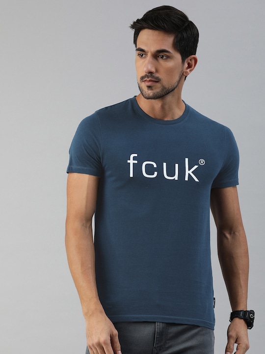 French Connection - Men Blue Printed Round Neck T-shirt