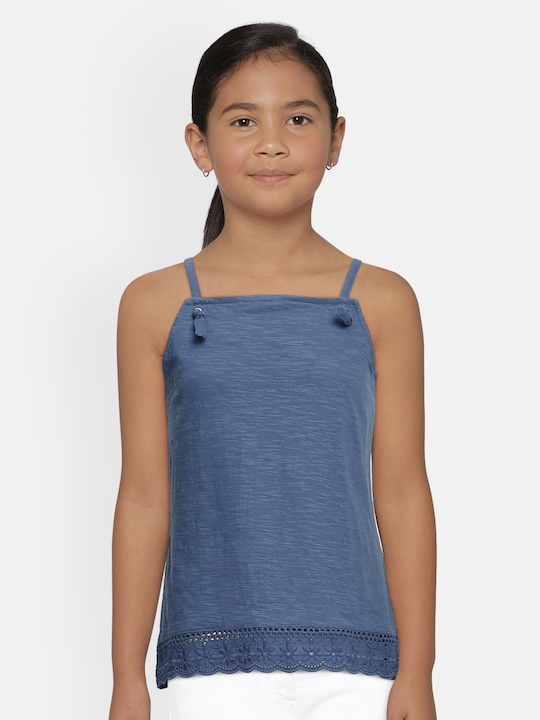 Global Desi - Girls Blue Solid Pure Cotton Shoulder Strap Top