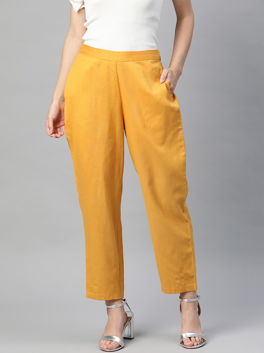 Global Desi - Women Ecovero Mustard Yellow Regular Fit Solid Formal Trousers