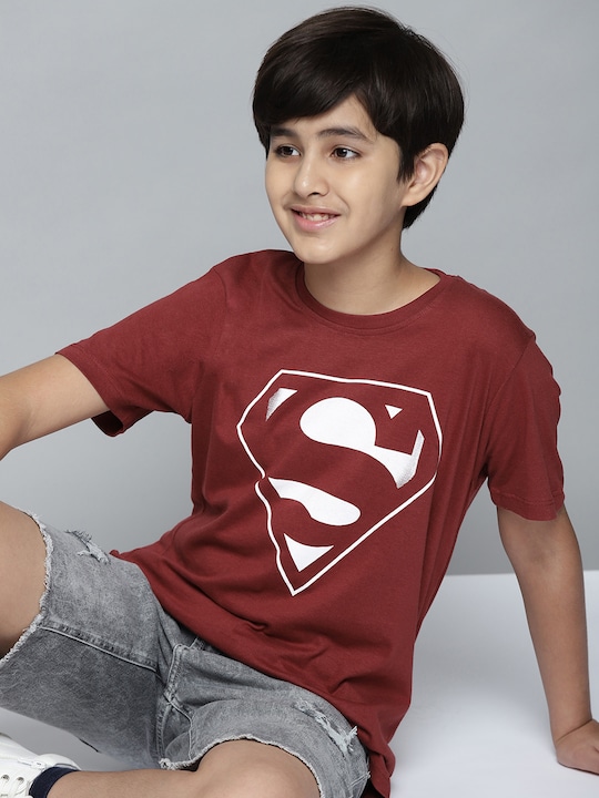 YK Justice League - Boys Maroon Superman Print Round Neck T-shirt