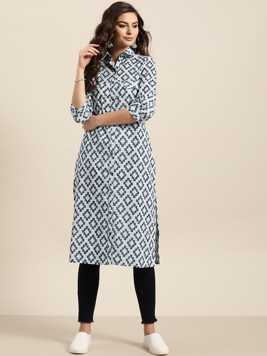Sangria - Women Navy Blue & Grey Pure Cotton Geometric Printed Kurta