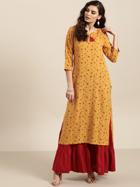 Sangria - Women Mustard Yellow & Red Printed Straight Kurta