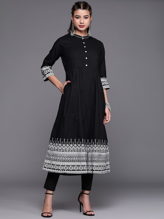 Biba - Women Black & White Pure Cotton Solid Kurta With Printed Border