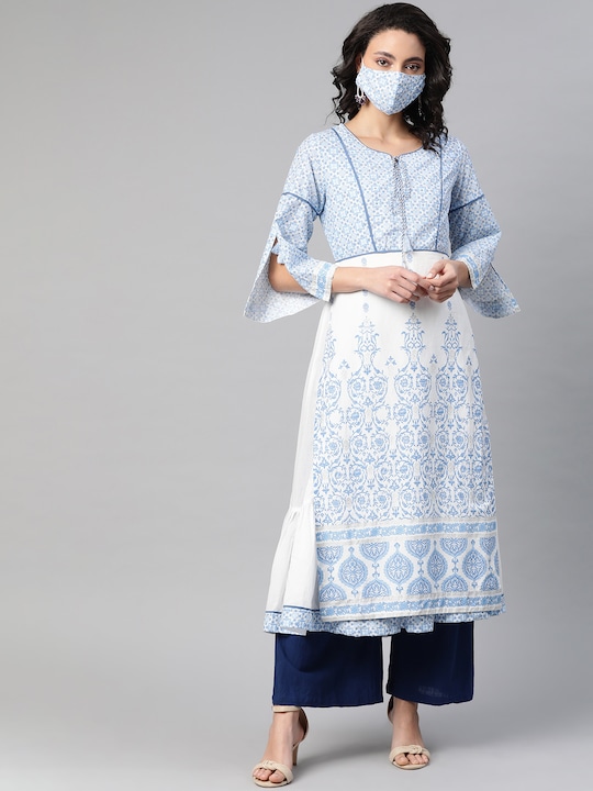 Biba - Women White  Blue Printed Pure Cotton Straight Kurta